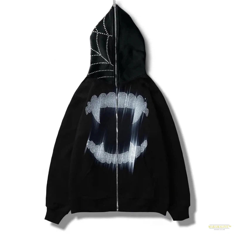 Maramalive™ Rhinestone Cobweb Zip Up Oversized Sweatshirt 2022 Autumn Goth Hoodie Men Women Grunge Hooded Jacket Streetwear Y2K Clothing