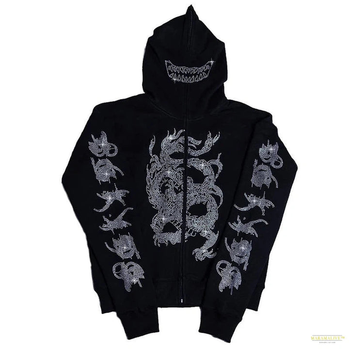 Maramalive™ Rhinestone Cobweb Zip Up Oversized Sweatshirt 2022 Autumn Goth Hoodie Men Women Grunge Hooded Jacket Streetwear Y2K Clothing