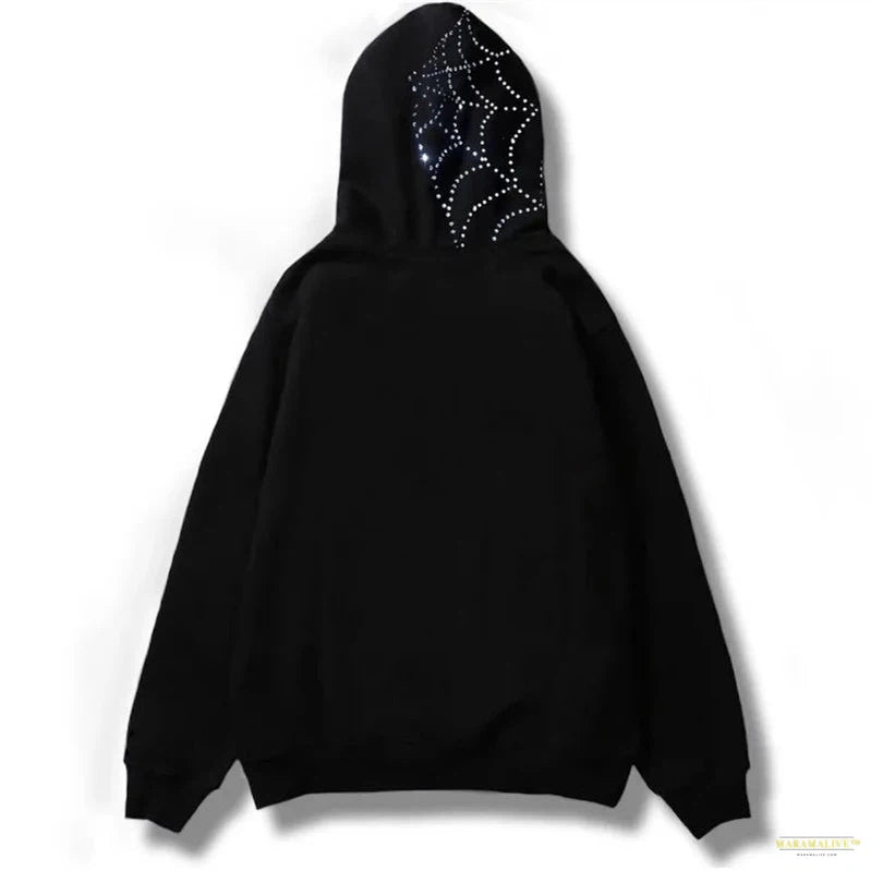 Maramalive™ Rhinestone Cobweb Zip Up Oversized Sweatshirt 2022 Autumn Goth Hoodie Men Women Grunge Hooded Jacket Streetwear Y2K Clothing