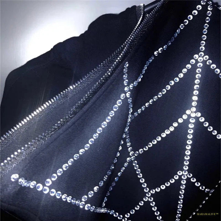 Maramalive™ Rhinestone Cobweb Zip Up Oversized Sweatshirt 2022 Autumn Goth Hoodie Men Women Grunge Hooded Jacket Streetwear Y2K Clothing