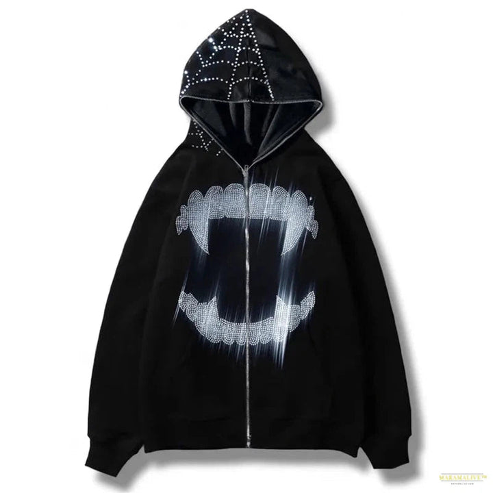 Maramalive™ Rhinestone Cobweb Zip Up Oversized Sweatshirt 2022 Autumn Goth Hoodie Men Women Grunge Hooded Jacket Streetwear Y2K Clothing