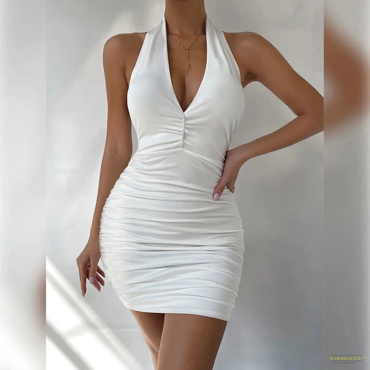 Maramalive™ Sexy Deep V Evening Party Sleeveless Backless Dress 2024 Summer Short White Halter Dresses Women Tight Club Mini Dress Clubwear