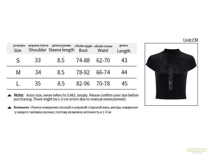 Maramalive™ Sexy Fashion Velvet Goth Dark Punk Women's Black Turtleneck T-Shirt Tops with Sheer Cross Alternative Clothes