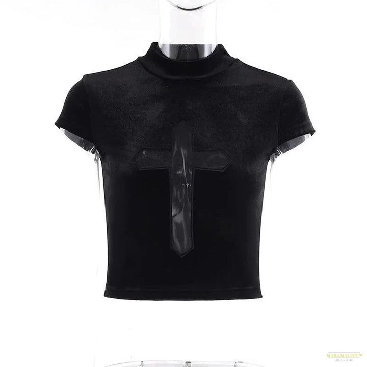 Maramalive™ Sexy Fashion Velvet Goth Dark Punk Women's Black Turtleneck T-Shirt Tops with Sheer Cross Alternative Clothes