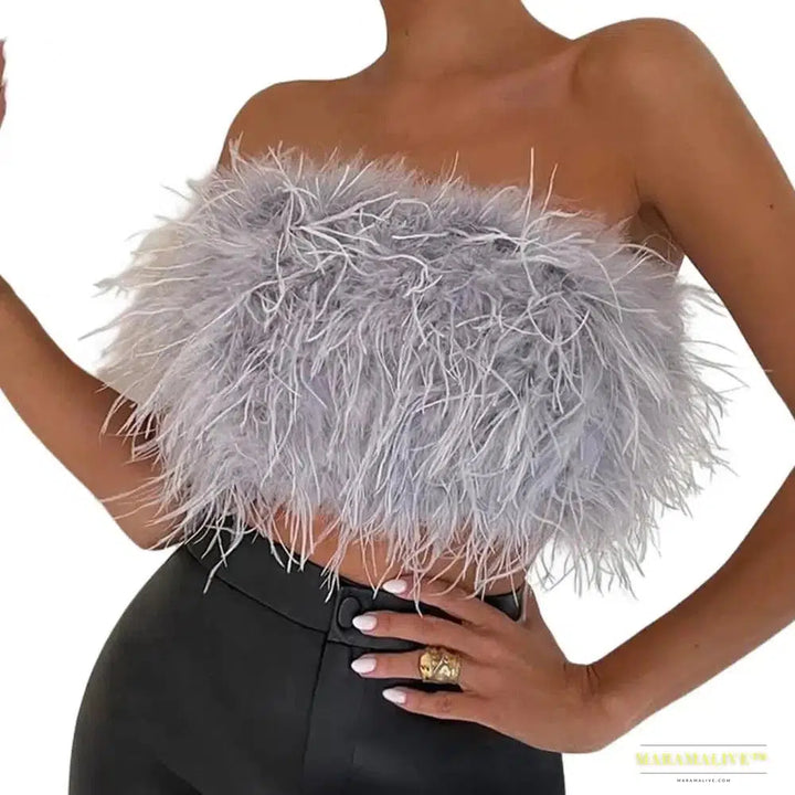 Maramalive™ Sexy Feather Crop Top Party Crop Top Sexy Fluffy Skin-touch Sleeveless Off Shoulder Lady Camisole Night Party Clothes Tank Top