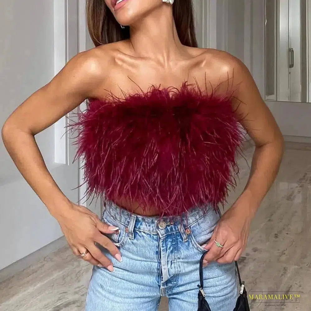 Maramalive™ Sexy Feather Crop Top Party Crop Top Sexy Fluffy Skin-touch Sleeveless Off Shoulder Lady Camisole Night Party Clothes Tank Top