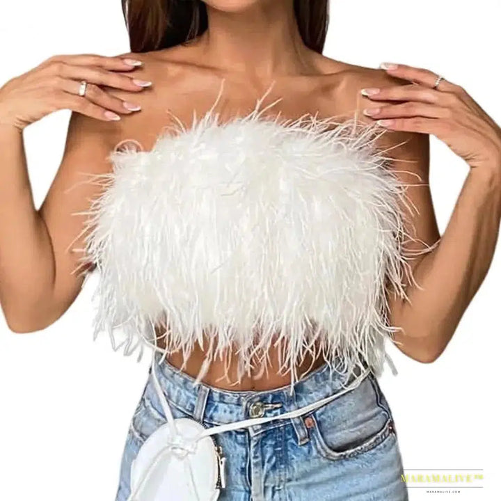 Maramalive™ Sexy Feather Crop Top Party Crop Top Sexy Fluffy Skin-touch Sleeveless Off Shoulder Lady Camisole Night Party Clothes Tank Top