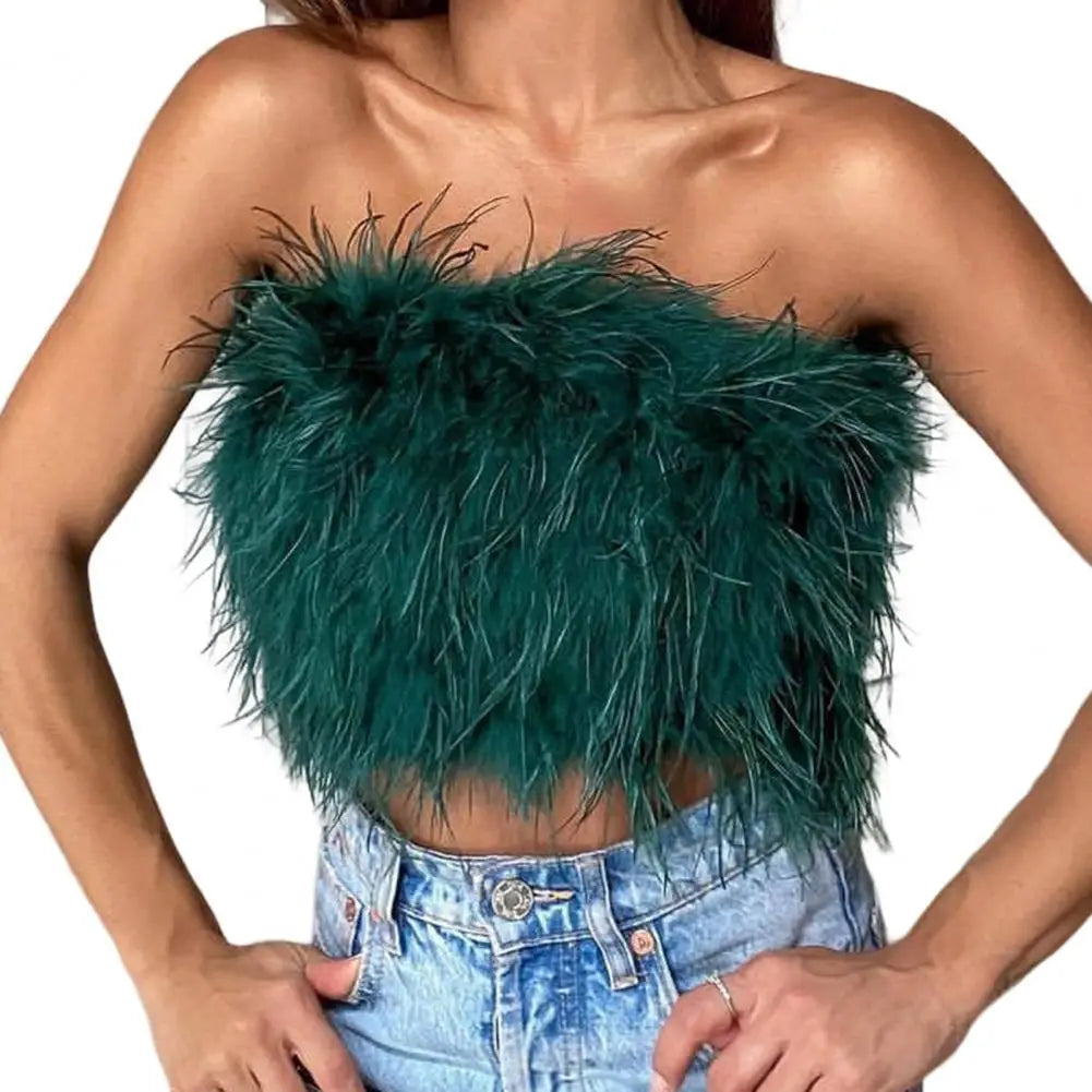 Maramalive™ Sexy Feather Strapless Tank Tops Women Summer Party Club Sleeveless Fluffy Fashion Tops Female