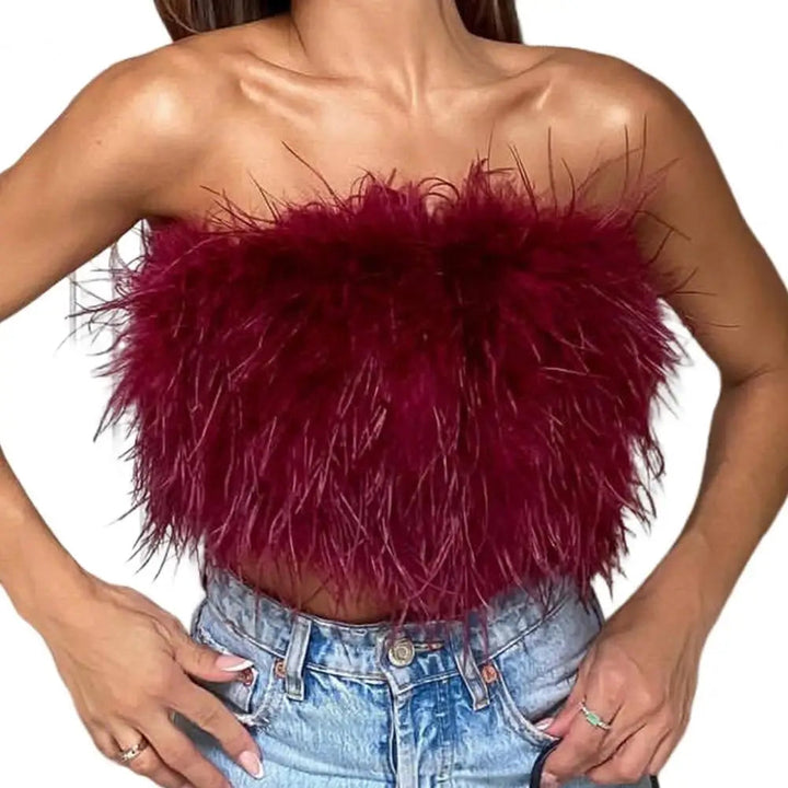 Maramalive™ Sexy Feather Strapless Tank Tops Women Summer Party Club Sleeveless Fluffy Fashion Tops Female