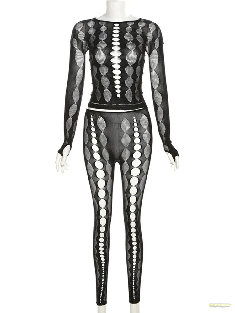 Maramalive™ Sexy See Through Mesh 2 Pieces Suits Women Streetwear Cyberpunk Mall Gothic Long Sleeve T-shirt High Waist Pants Suits