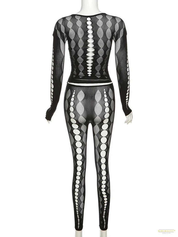 Maramalive™ Sexy See Through Mesh 2 Pieces Suits Women Streetwear Cyberpunk Mall Gothic Long Sleeve T-shirt High Waist Pants Suits