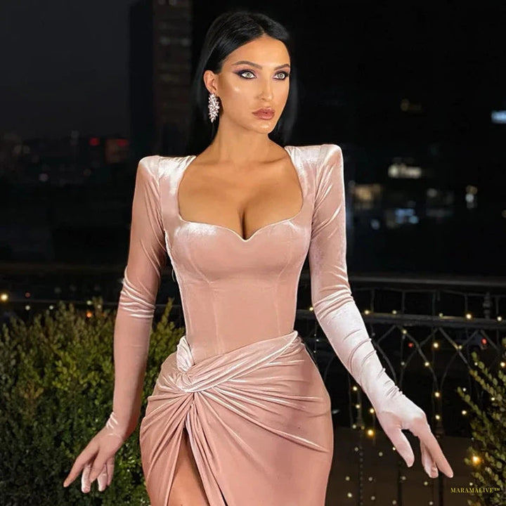 Maramalive™ Sexy V Neck Long Sleeve High Split Long Maxi Dress Night Club Prom Wedding Party Dresses Women Evening Elegant Red Velvet Dress