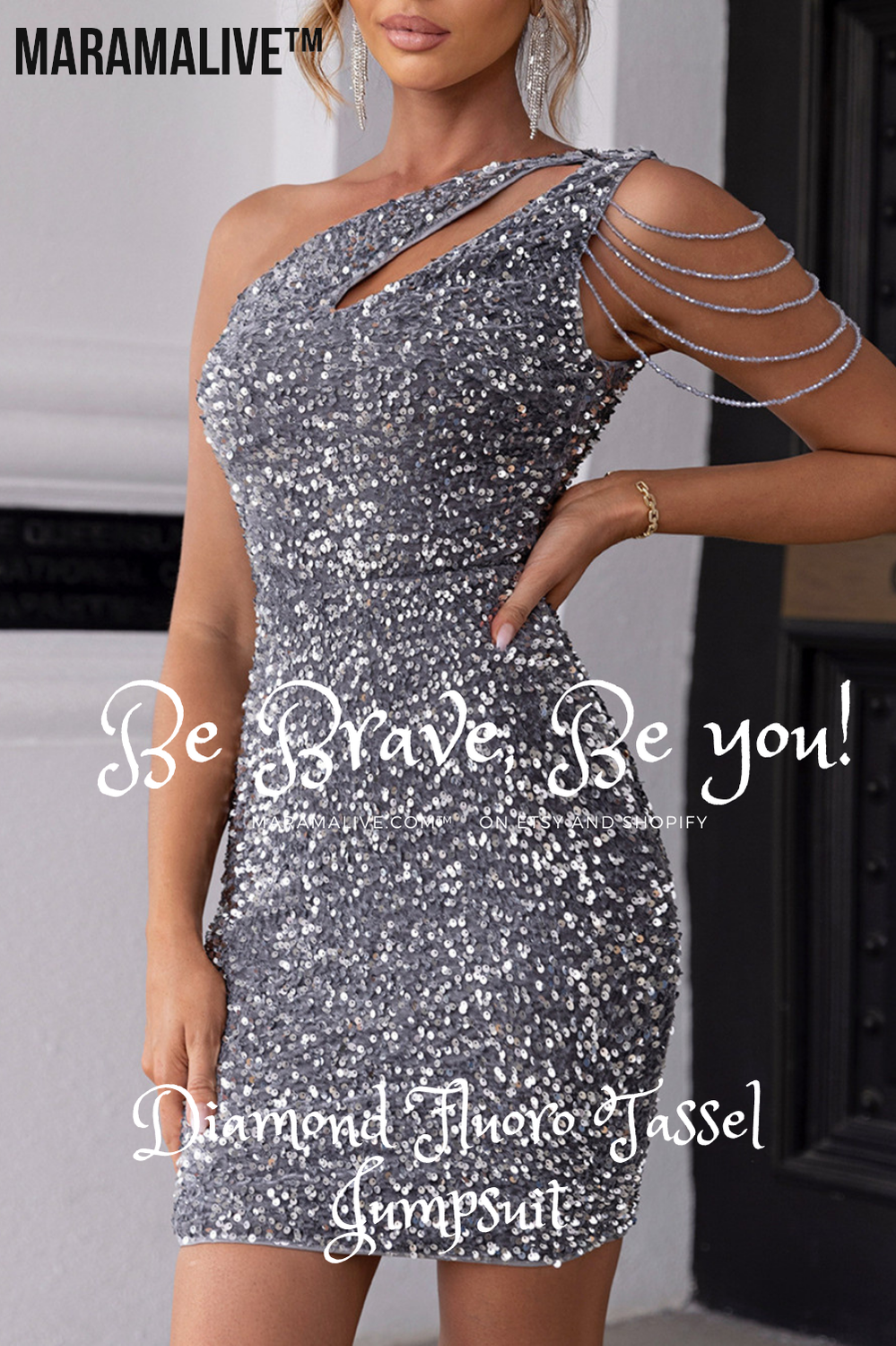 Maramalive™ Single Shoulder Chain Detail Sequined Dress