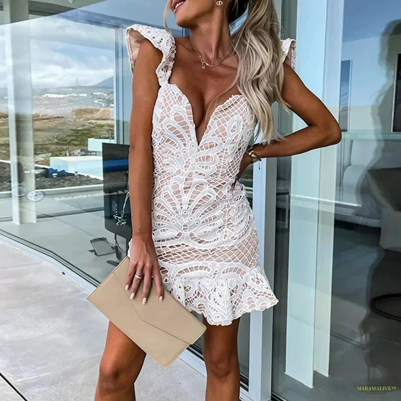 Maramalive™ Spring Embroidery Lace Jacquard Mini Dress Women Sexy Deep V Neck Hollow Office Dress Summer Criss-cross Backless Ruffle Dresses