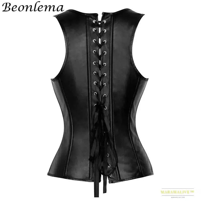 Maramalive™ Steampunk Black 6xl Women Overbust Leather Corset Steam Punk Zipper Lacing Up Vest Steel Bones Plus Size Clubwear