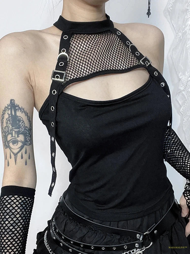 Maramalive™ Streetwear Dark Gothic Vest Women Harajuku Cyber Punk Mesh Patchwork Halter Crop Tank Top Emo Alt Grunge Indie Clothes