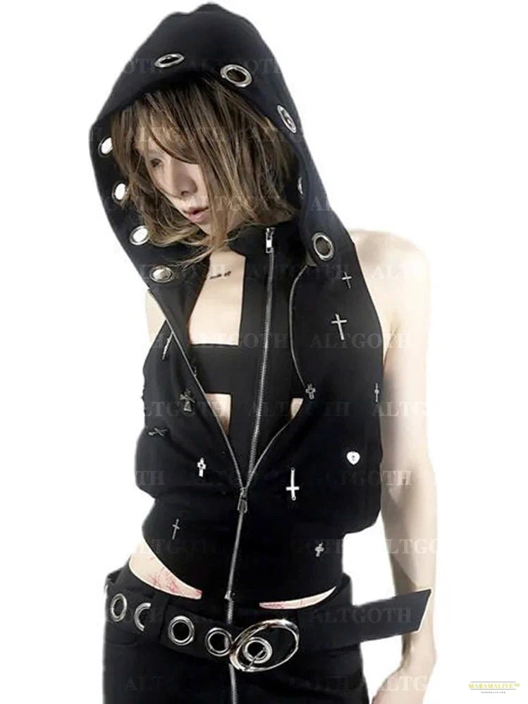 Maramalive™ Streetwear Gothic Dark Vest Women Harajuku Y2k E-girl Cyberpunk Cross Hooded Crop Tank Top Emo Alt Grunge Outfits Female