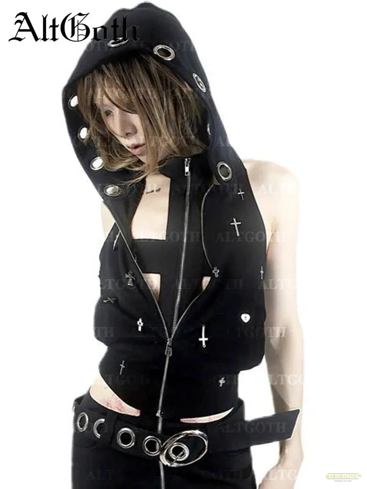 Maramalive™ Streetwear Gothic Dark Vest Women Harajuku Y2k E-girl Cyberpunk Cross Hooded Crop Tank Top Emo Alt Grunge Outfits Female