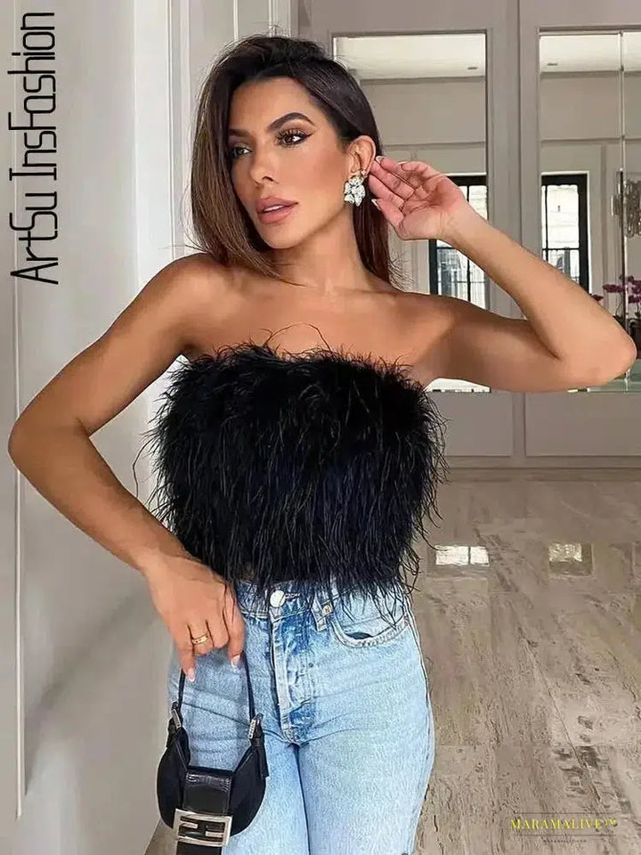 Maramalive™ Summer Feather Crop Top – Sleeveless, Backless Streetwear Camis, Unique Off-Shoulder Chic Tank Top