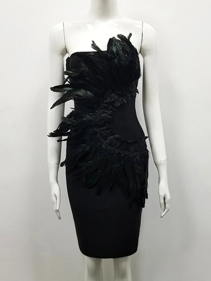 Maramalive™ Summer New Sexy Black Strapless Bandage Feather Dress - Unusual Handmade Celebrity Party Bodycon Dress