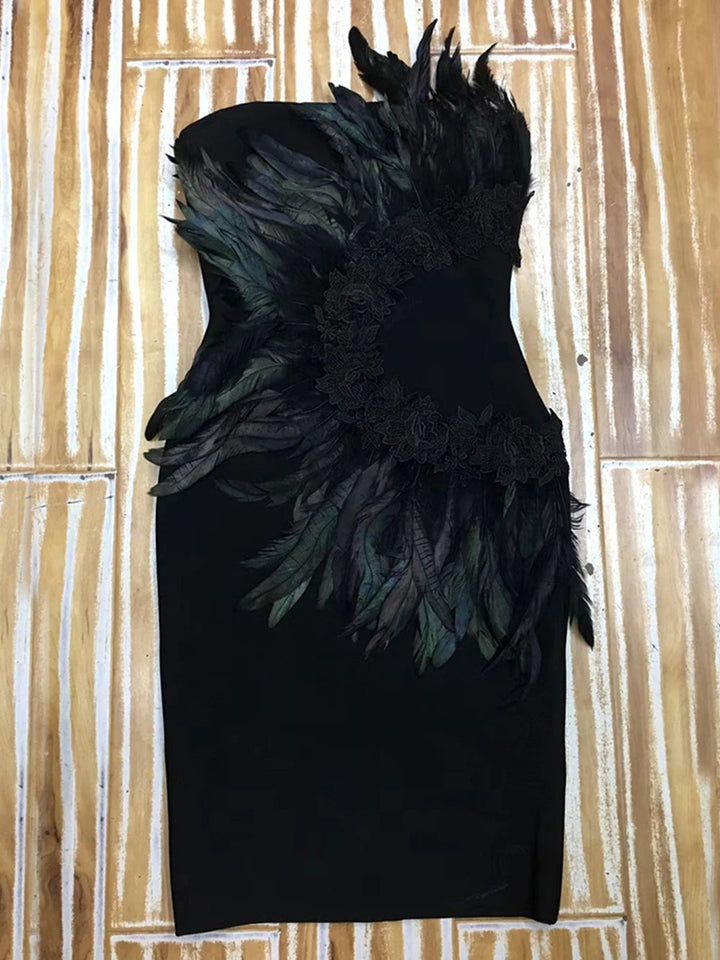 Maramalive™ Summer New Sexy Black Strapless Bandage Feather Dress - Unusual Handmade Celebrity Party Bodycon Dress