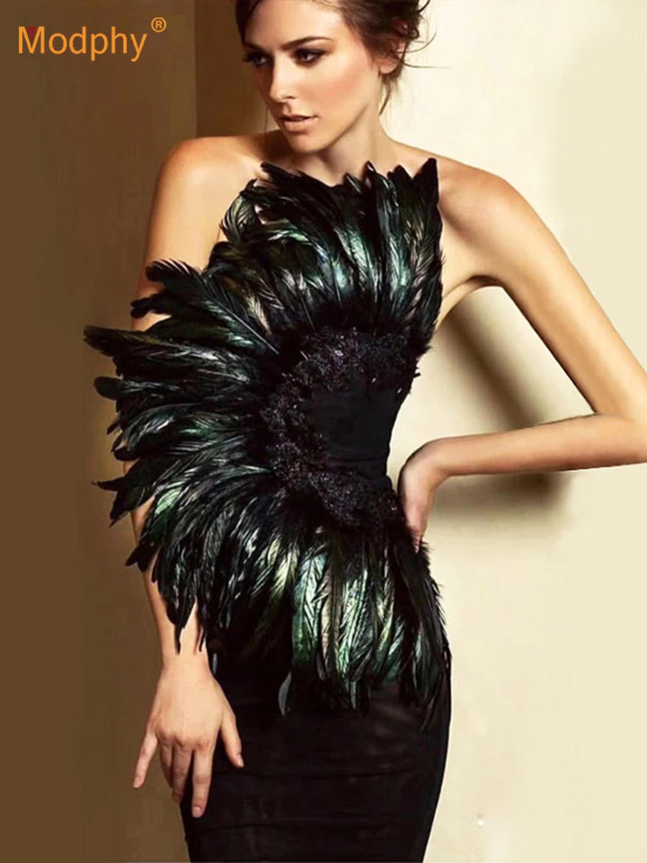 Maramalive™ Summer New Sexy Black Strapless Bandage Feather Dress - Unusual Handmade Celebrity Party Bodycon Dress