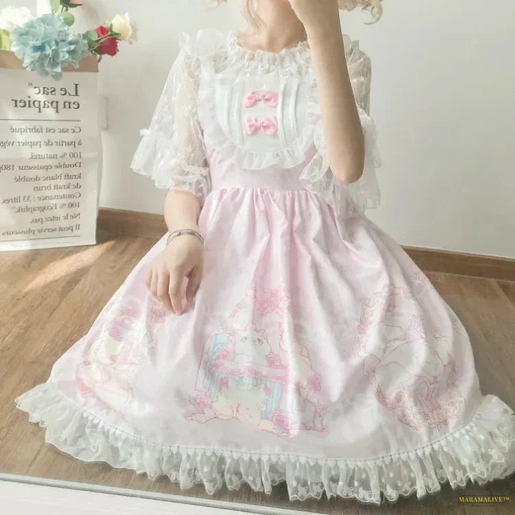 Maramalive™ Summer Women Skirt Lolita dress Sweet Straped Dresses Female Girls Lace Ruffle Cat Loli Kawaii Carnival Party