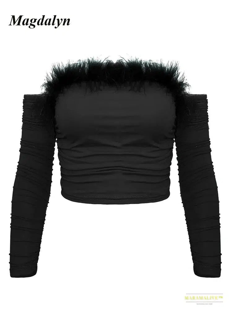 Maramalive™ Unusual Off-Shoulder Fur Blouse - Solid Color, Long Sleeves Bodycon, Perfect for Parties and Streetwear Fashion