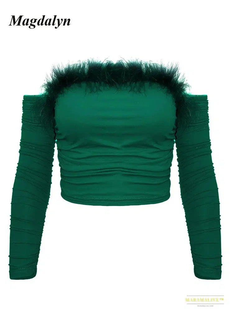 Maramalive™ Unusual Off-Shoulder Fur Blouse - Solid Color, Long Sleeves Bodycon, Perfect for Parties and Streetwear Fashion