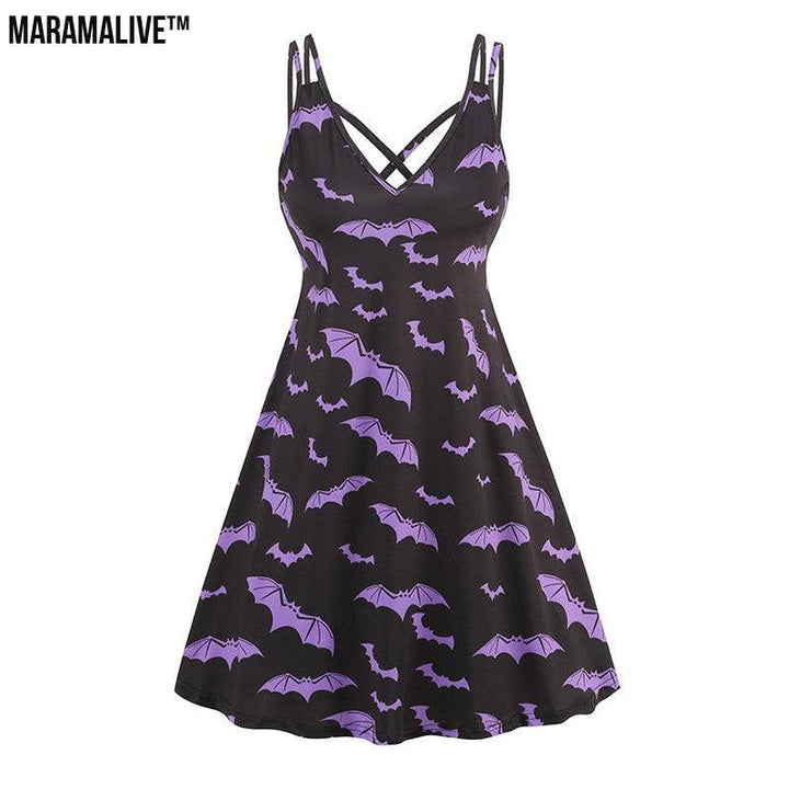 Maramalive™ V-neck Strap Halloween Printed Pumpkin Flowers Bat Gothic Dress