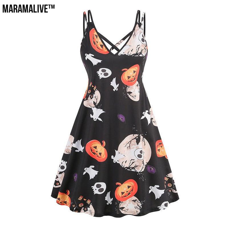 Maramalive™ V-neck Strap Halloween Printed Pumpkin Flowers Bat Gothic Dress