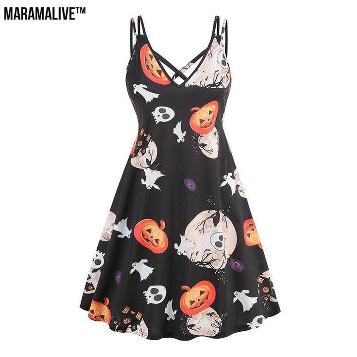 Maramalive™ V-neck Strap Halloween Printed Pumpkin Flowers Bat Gothic Dress