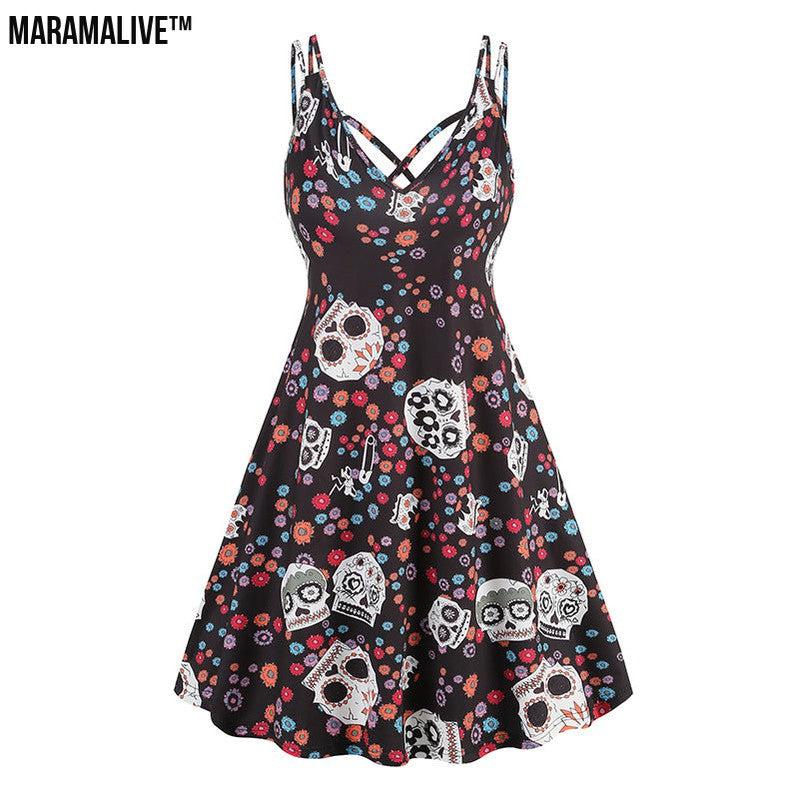 Maramalive™ V-neck Strap Halloween Printed Pumpkin Flowers Bat Gothic Dress