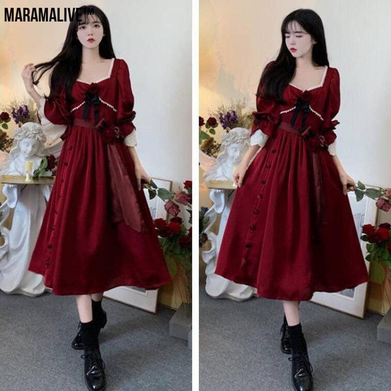 Maramalive™ Velveteen Gothic Red-Rose Dress: Vintage Wine-Red Frock