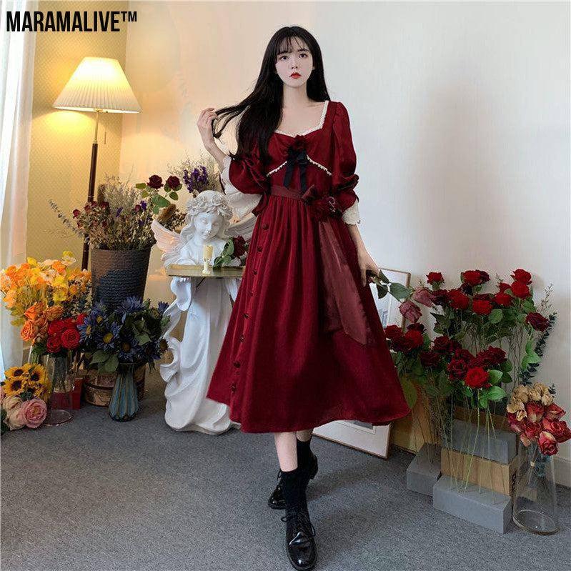 Maramalive™ Velveteen Gothic Red-Rose Dress: Vintage Wine-Red Frock