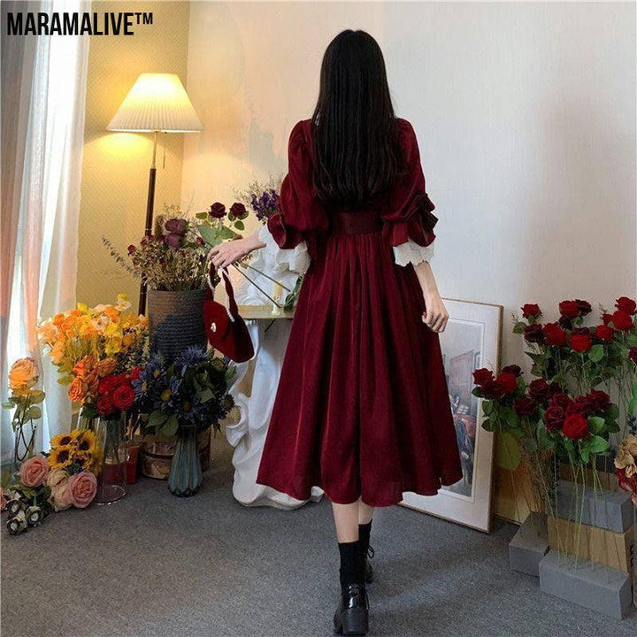 Maramalive™ Velveteen Gothic Red-Rose Dress: Vintage Wine-Red Frock