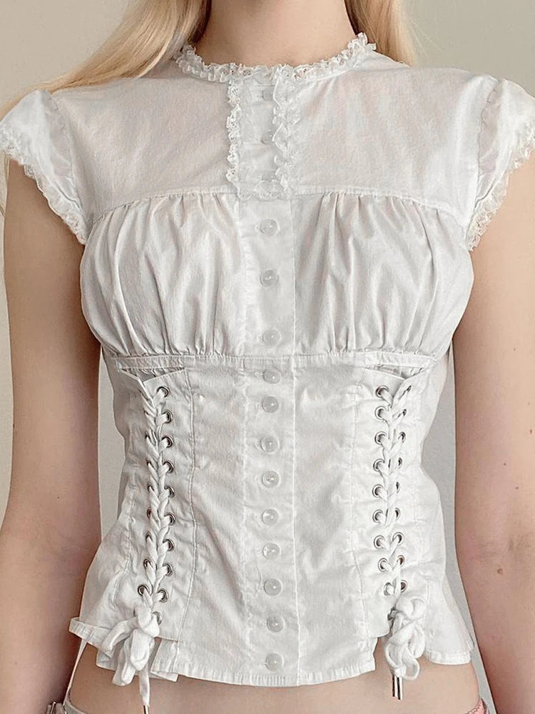 Maramalive™ Victorian Gothic White Lace Frills Blouses - Aesthetic Cross Bandage Buttons Shirts, Cotton Casual Sweet Tops