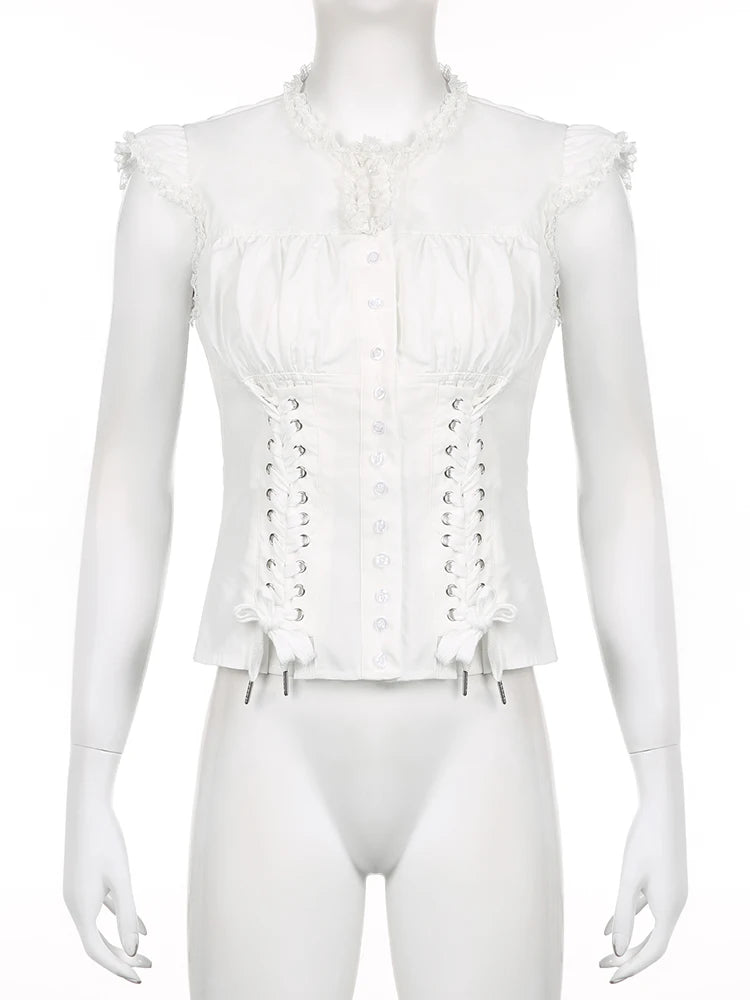 Maramalive™ Victorian Gothic White Lace Frills Blouses - Aesthetic Cross Bandage Buttons Shirts, Cotton Casual Sweet Tops