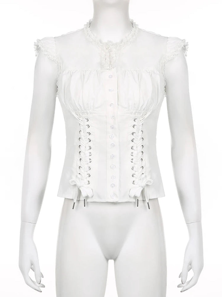 Maramalive™ Victorian Gothic White Lace Frills Blouses - Aesthetic Cross Bandage Buttons Shirts, Cotton Casual Sweet Tops