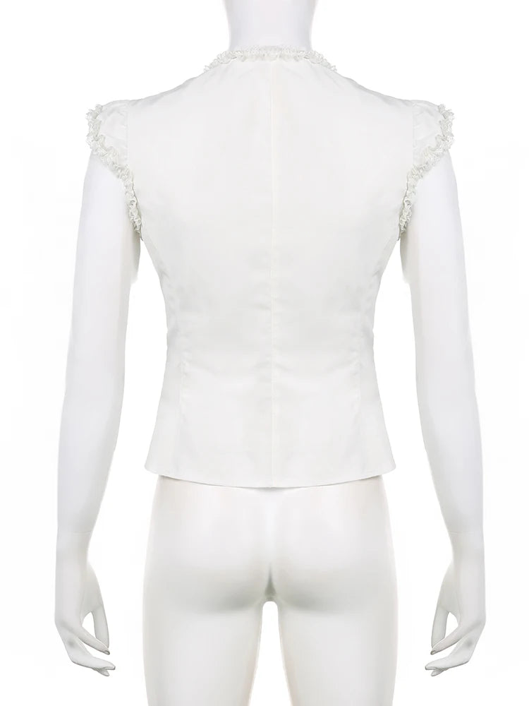 Maramalive™ Victorian Gothic White Lace Frills Blouses - Aesthetic Cross Bandage Buttons Shirts, Cotton Casual Sweet Tops