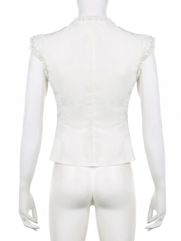 Maramalive™ Victorian Gothic White Lace Frills Blouses - Aesthetic Cross Bandage Buttons Shirts, Cotton Casual Sweet Tops