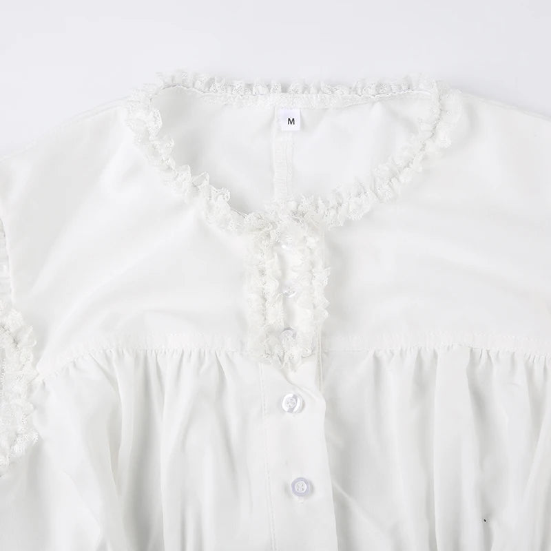 Maramalive™ Victorian Gothic White Lace Frills Blouses - Aesthetic Cross Bandage Buttons Shirts, Cotton Casual Sweet Tops