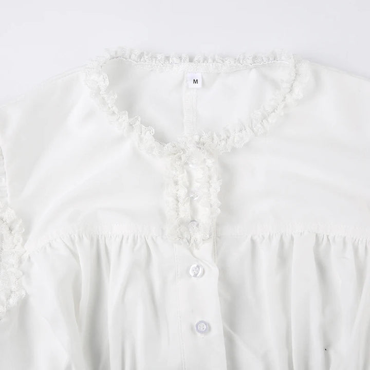 Maramalive™ Victorian Gothic White Lace Frills Blouses - Aesthetic Cross Bandage Buttons Shirts, Cotton Casual Sweet Tops