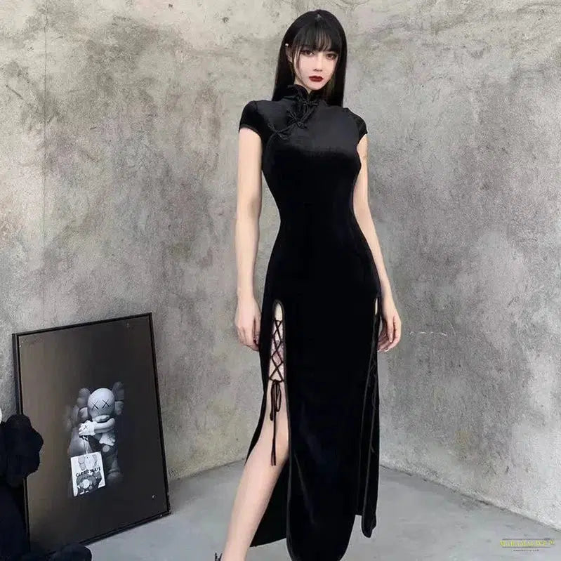 Maramalive™ Vintage Black Gothic Bandage Dress Sexy High Split Velvet Dress Spring Retro Long Qipao Women Aesthetic Dresses