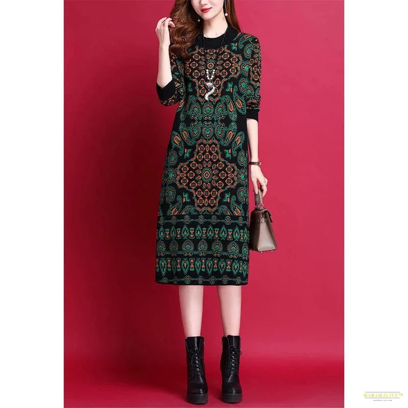 Maramalive™ Women Clothing Jacquard Knitted Wool Dress Winter Female Thick Comfortable Retro Fashion Sweater Tunics