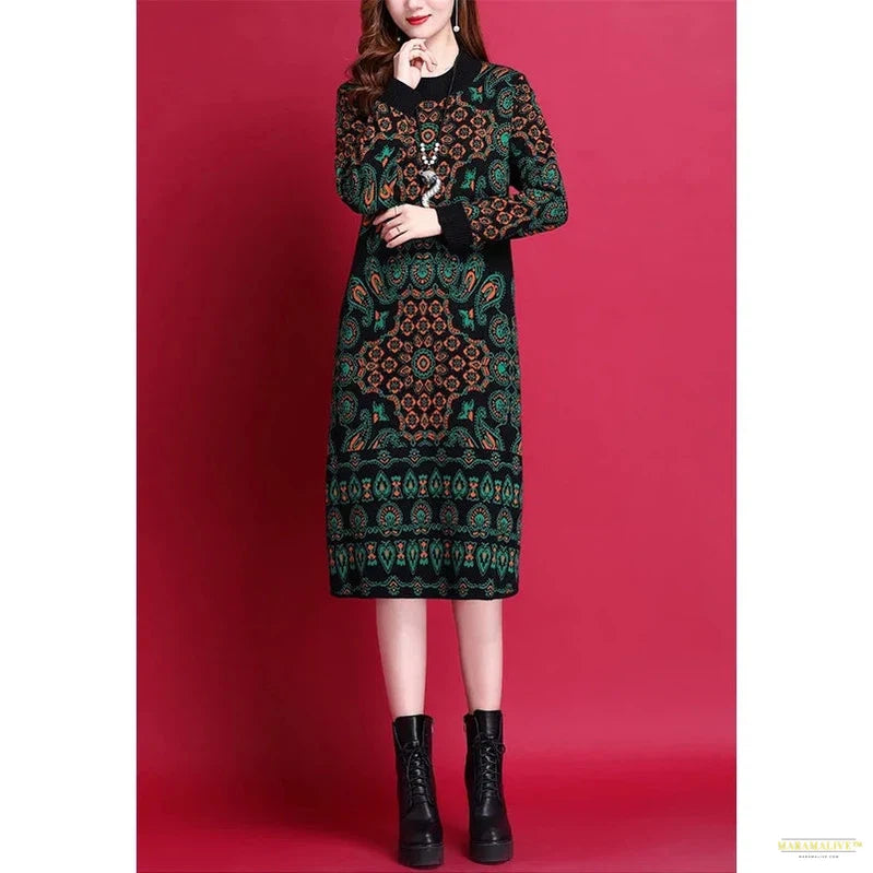 Maramalive™ Women Clothing Jacquard Knitted Wool Dress Winter Female Thick Comfortable Retro Fashion Sweater Tunics