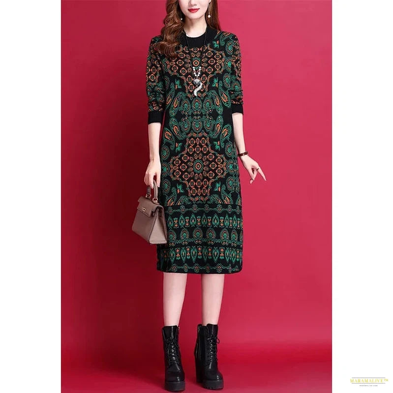 Maramalive™ Women Clothing Jacquard Knitted Wool Dress Winter Female Thick Comfortable Retro Fashion Sweater Tunics