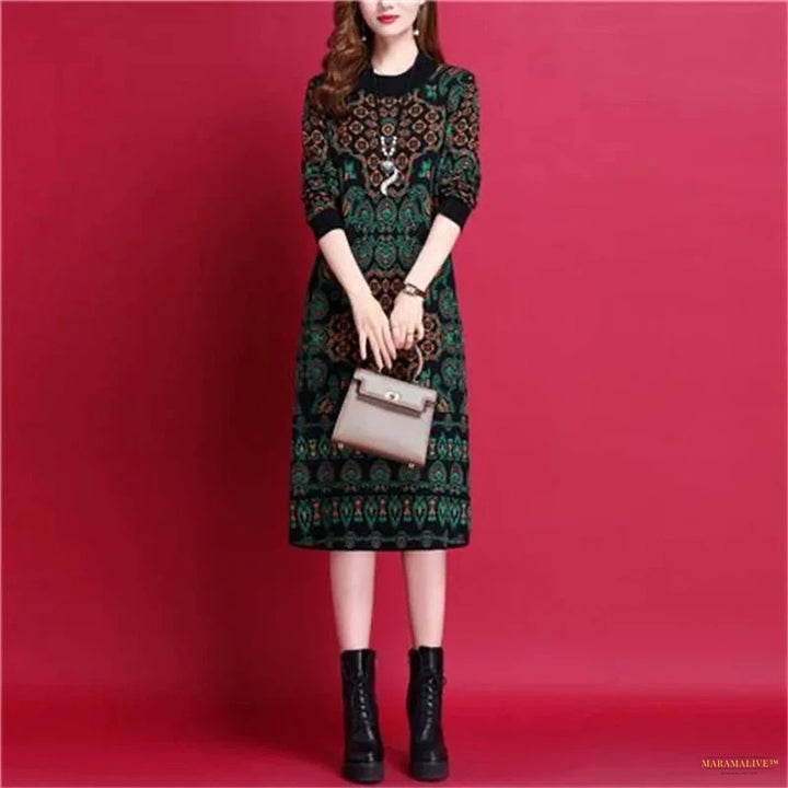 Maramalive™ Women Clothing Jacquard Knitted Wool Dress Winter Female Thick Comfortable Retro Fashion Sweater Tunics