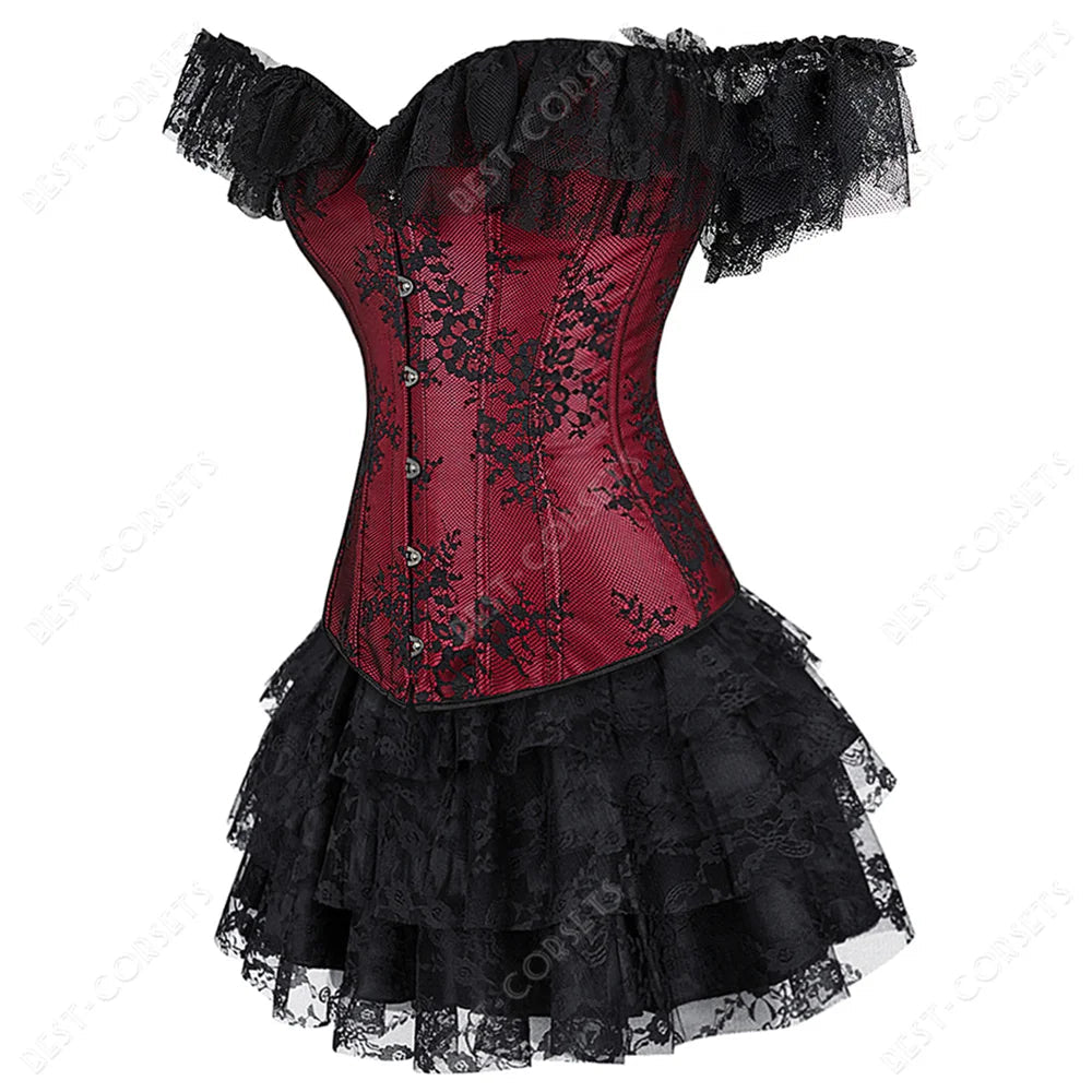 Maramalive™ Women Corset With Sleeves Red Corset Dress Plus Size 6Xl Gothic Corset Lingerie Dress Sexy Floral Top