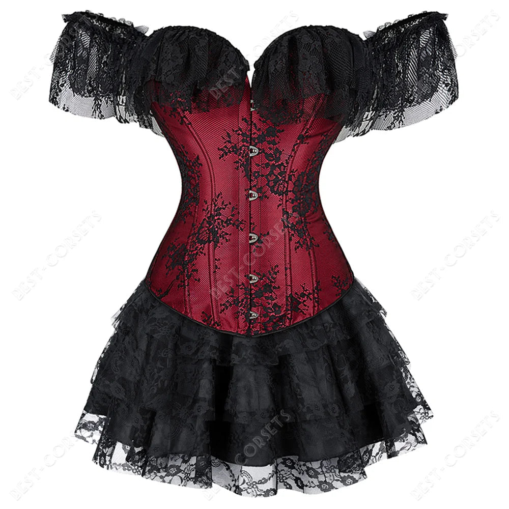 Maramalive™ Women Corset With Sleeves Red Corset Dress Plus Size 6Xl Gothic Corset Lingerie Dress Sexy Floral Top